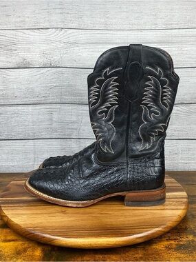 Reywelt Men’s Caiman Black Leather Snake Print Square Toe Cowboy Boots Size 11.5